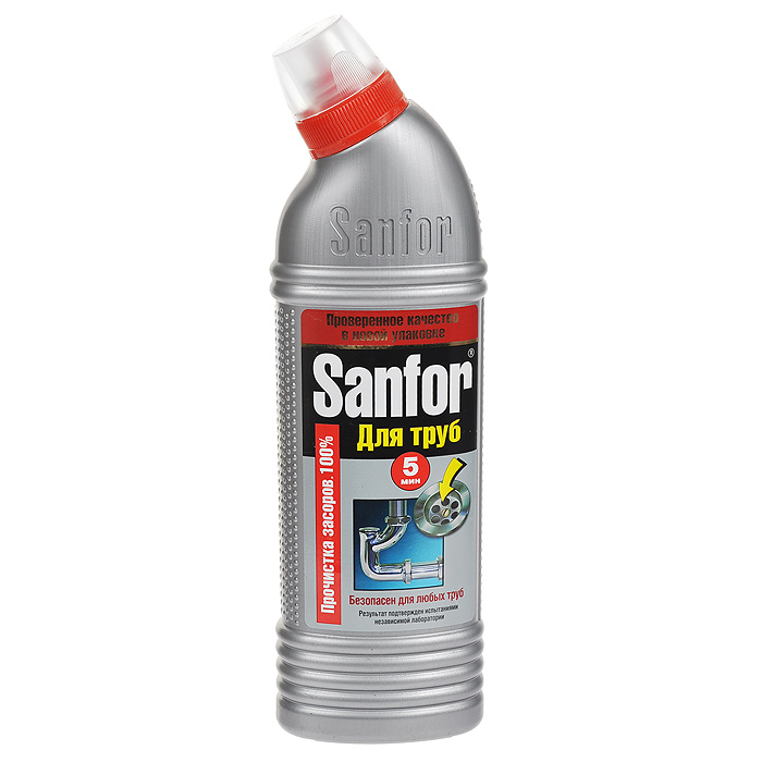 Гель для удаления засоров Sanfor, 500 г1560 Гель для удаления засоров Sanfor, 500 г1560Средство для очистки канализационных труб Sanfor быстро устранит даже очень сильные засоры в канализационных стоках. Результат достигается уже за 5 минут. Благодаря густой структуре гель проникает глубоко в трубу непосредственно к засору, даже при наличии воды. Эффективно растворяет в стоках волосы, остатки пищи, жир и другие загрязнения. Нейтрализует неприятные запахи. Средство безопасно для всех видов труб, в том числе и пластиковых. Убивает микробы за 60 минут.Содержит хлор - наиболее эффективное дезинфицирующее средство. Характеристики:Вес: 500 г. Артикул:1560. Товар сертифицирован.