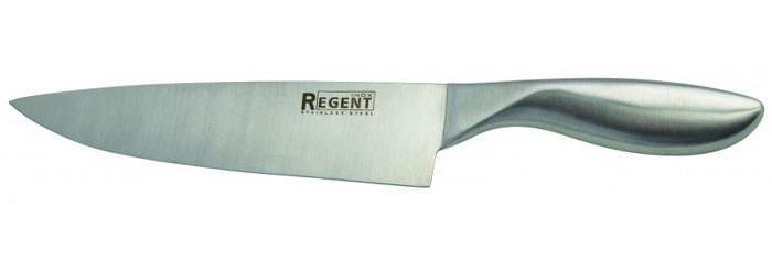 Поварской нож Regent Inox "Luna" изготовлен из высококачественной нержавеющей стали.   Острое прочное лезвие ножа имеет ровную поверхность и выверенный угол заточки.   Специальная закалка металла обеспечивает повышенную прочность. Сбалансированность   ножа обеспечивает приложение минимальных усилий при резке. Лезвие ножа не впитывает   запахи и не оставляет запаха на продуктах.  Оригинальная и практичная ручка выполнена из первоклассной нержавеющей стали.  Нож с тяжелой ручкой, толстым, широким и длинным лезвием с центральным острием. Все   это позволяет легко рубить капусту, овощи, зелень, резать замороженное мясо, рыбу и   птицу. Такой нож займет достойное место среди аксессуаров на вашей кухне.  Нож можно прикреплять к настенному магнитному держателю.   Характеристики:Материал: нержавеющая сталь 18/10. Общая длина ножа: 32 см. Длина лезвия: 20,5 см. Артикул: 93-HA-1.