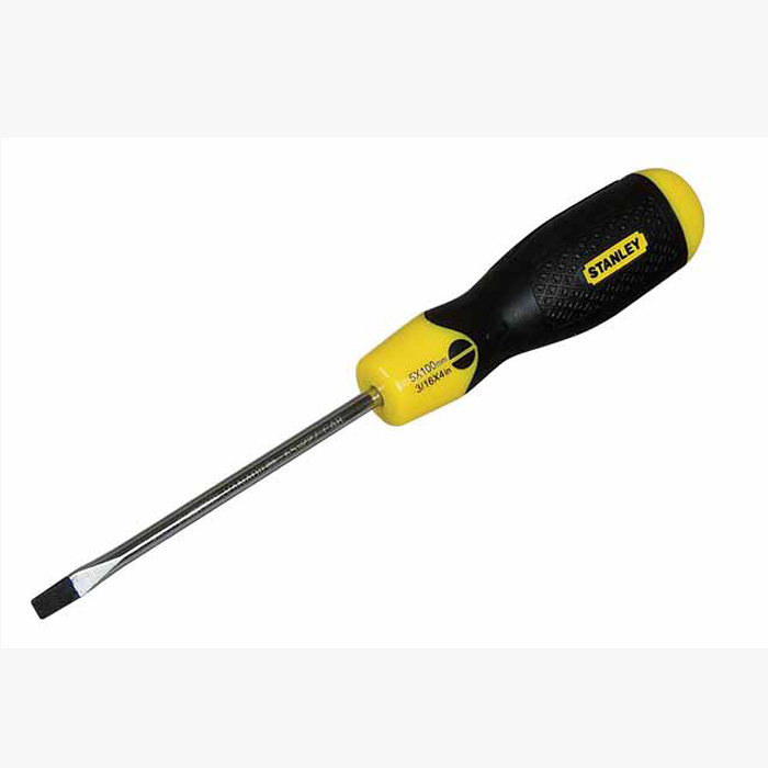 Отвертка плоская Stanley CushionGrip, 6,5 х 150 мм0-64-919 Отвертка плоская Stanley CushionGrip, 6,5 х 150 мм0-64-919Отвертка плоская Stanley CushionGrip имеет стержень из высококачественной стали, что снижает риск повреждения жала и защищает от коррозии. Мягкая ручка обеспечивает комфортное пользование инструментом. Характеристики: Материал: пластик, металл, резина. Размер отвертки: 26,5 см х 3 см х 3 см. Размер основания: 15 см х 0,65 см х 0,5 см. Размер жала(ШхВ): 0,65 см х 0,2 см. Размер ручки: 11,5 см х 3 см х 3 см. Размеры упаковки:32 см х 5 см х 3 см.