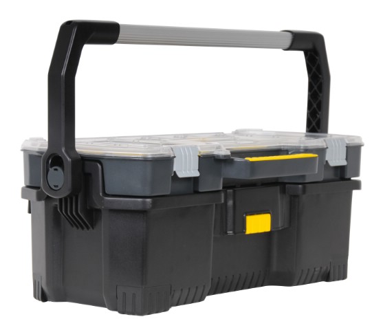 Ящик для инструмента Stanley со съемным органайзером, 241-97-514 Ящик для инструмента Stanley со съемным органайзером, 241-97-514Ящик для инструмента Stanley со съемным органайзером предназначен для хранения и переноски электроинструмента и мелких деталей.Кнопка на передней поверхности для простого отсоединения органайзера от ящика. Для их соединения необходимо поместить органайзер задней частью на ящик и зафиксировать со щелчком, нажав сверху на переднюю часть.Длинная металлическая ручка ящика, фиксируемая в вертикальном положении для переноски, и опускаемая вниз для удобства хранения. Прочные нержавеющие металлические замки и металлические петли у верхнего кейса. Органайзер имеет переставные пергородки для оптимизации структуры под конкретные задачи.Уникальная конфигурация отделений органайзера позволяет размещать молотки и другие инструменты вместе с мелкими деталями.Полезный объем 53 л, максимальная нагрузка 18 кг. Характеристики: Материал:пластик, металл. Размеры ящика: 67 см x 32,3 см x 25,1 см. Глубина ящика: 17 см. Размеры органайзера: 67 см х 32,3 см х 7 см. Количество отделений органайзера: от 7 до 15. Размеры упаковки: 67 см x 32,3 см x 25,1 см.