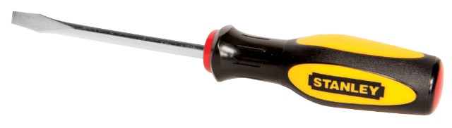Отвертка плоская Stanley Basic, 6,5 х 100 мм0-60-004 Отвертка плоская Stanley Basic, 6,5 х 100 мм0-60-004Отвертка плоская Stanley Basic имеет никелированный стержень из борсодержащей стали, который закреплен с усилием 112 кг. Жало прошло термообработку. Характеристики: Материал: пластик, металл, резина. Размер отвертки: 20 см х 2,5 см х 2,5 см. Размер основания: 10 см х 0,8 см х 0,65 см. Размер жала(ШхВ): 0,8 см х 0,2 см. Размер ручки: 10 см х 2,5 см х 2,5 см. Размеры упаковки:26 см х 5 см х 2,5 см.