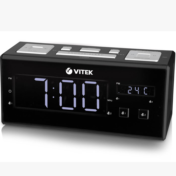 Vitek VT-3523, Black радиочасыVT-3523(ВК) Vitek VT-3523, Black радиочасыVT-3523(ВК)Радиобудильник Vitek VT-3523.КалендарьЖК дисплей 1,2Таймер отключенияКнопка короткого снаКомнатная температура2 будильника по 4 режимаДиапазон частот: FM 87,5–108 МГцОтображение радиочастоты на дисплееДополнительный 0,3 дисплей для отображения температуры / времени будильникаРезервное питание: элемент питания типа CR2032