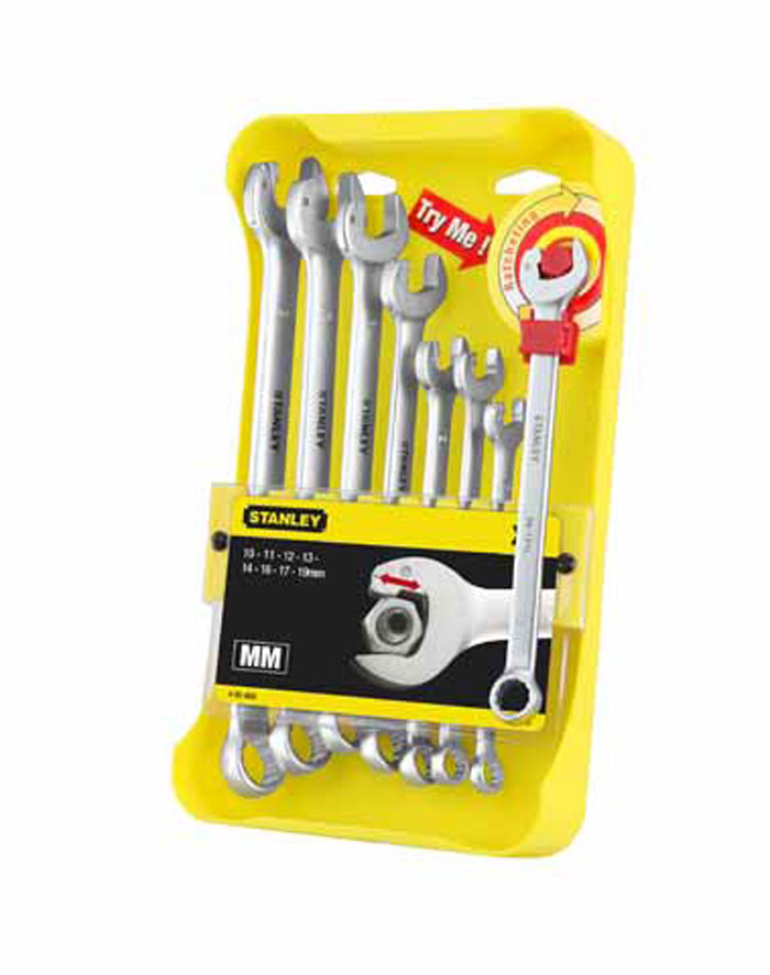 Набор комбинированных гаечных ключей Stanley Ratcheting Wrench, 8 шт4-95-660 Набор комбинированных гаечных ключей Stanley Ratcheting Wrench, 8 шт4-95-660Набор комбинированных гаечных ключей Stanley Ratcheting Wrench предназначен для профессионального применения в решении сантехнических, строительных и авторемонтных задач, а также для бытового использования.Комбинированный ключ представляет собой соединение рожкового и накидного гаечных ключей. Обе стороны комбинированного ключа имеют одинаковый размер. Комбинированный ключ - это необходимый предмет в каждом доме. Более эффективное и быстрое затягивание крепежных элементов. Специальный профиль головки рожкового ключа позволяет работать как с храповиком, устраняется необходимость каждый раз устанавливать ключ на крепежный элемент. Надежная конструкция, протестирована на выполнение более 50000 рабочих циклов. Простота использования: фаска на губках позволяет легко устанавливать и снимать ключ с крепежного элемента. Экономия времени: примерно на 50% по сравнению с обычными рожковыми ключами. Конструкция с компактными и плоскими головками для работы в труднодоступных местах. Защита от повреждения крепежного элемента: усилие передается на грани, а не на углы, что обеспечивает боле эффективную передачу крутящего момента без скругления углов гайки. 12-гранный профиль головки накидного ключа для лучшей передачи крутящего момента. Прочная кованая конструкция из хромванадиевой стали. Удобство работы с лучшим захватом инструмента за счет утолщенного тела ключа с увеличенной площадью поверхности.В набор входят ключт на 10 мм, 11 мм, 12 мм, 13 мм, 14 мм, 16 мм, 17 мм, 19 мм. Характеристики:Материал: металл. Размер упаковки: 30 см х 17 см x 5 см.