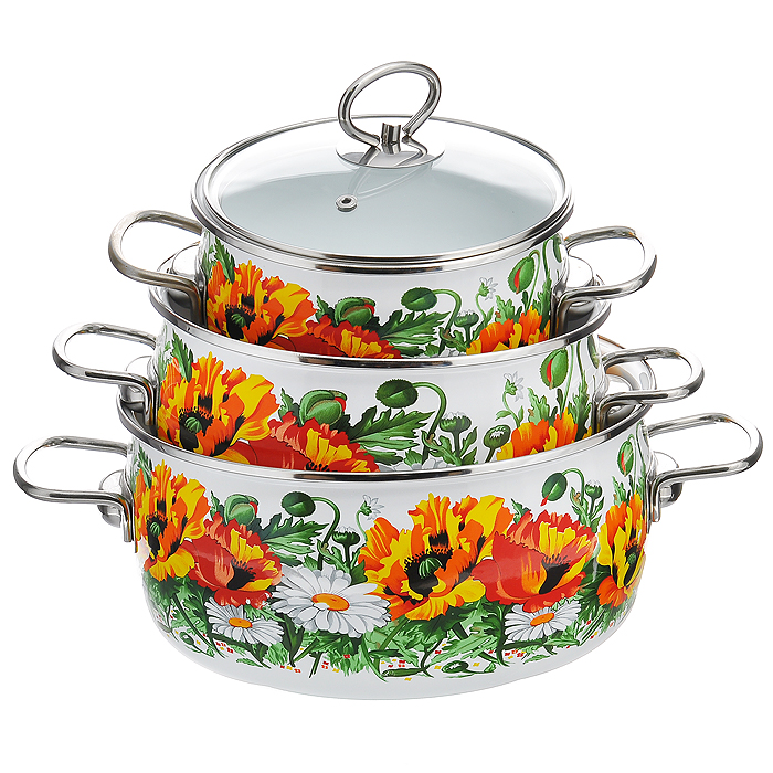 Набор кастрюль Floristеria с крышками, 6 предметов. 1DA035S1DA035S Набор кастрюль Floristеria с крышками, 6 предметов. 1DA035S1DA035SНабор эмалированной посуды Floristеria состоит из трех кастрюль разного объема с крышками. Посуда выполнена из тонколистового стального проката, покрытого двумя слоями эмали белого цвета. Корпус кастрюль оформлен изображением цветов. Эмалевое покрытие имеет существенные преимущества по показателям безопасности влияния на организм человека, санитарным свойствам, простоте ухода и рассчитан на длительный срок эксплуатации. Оно устойчиво к перепадам температуры до 220°С, обладает высокой механической прочностью, противостоит воздействию пищевых кислот. Борта корпуса и крышки изделий защищены ободком из антикоррозийной стали. Крышки выполнены из жаропрочного стекла с ручками и ободками из нержавеющей стали, имеют пароотводы. Кастрюли оснащены по бокам эргономичными стальными ручками. Эмалированную посуду нельзя ронять, нагревать без жидкости,допускать замерзания в ней жидкости, чистить металлической мочалкой. Предметы набора пригодны для использования на всех видах плит, включая индукционные. Можно мыть в посудомоечной машине. Характеристики:Материал: сталь, эмаль, стекло. Объем кастрюль: 2 л; 4 л; 5 л. Внутренний диаметр кастрюль: 16 см, 20 см, 24 см. Высота стенок кастрюль: 11 см, 13 см, 12 см. Толщина стенок кастрюль: 3 мм. Толщина дна кастрюль: 5 мм. Размер упаковки: 32 см х 32 см х 27 см. Артикул: 1DA035S.