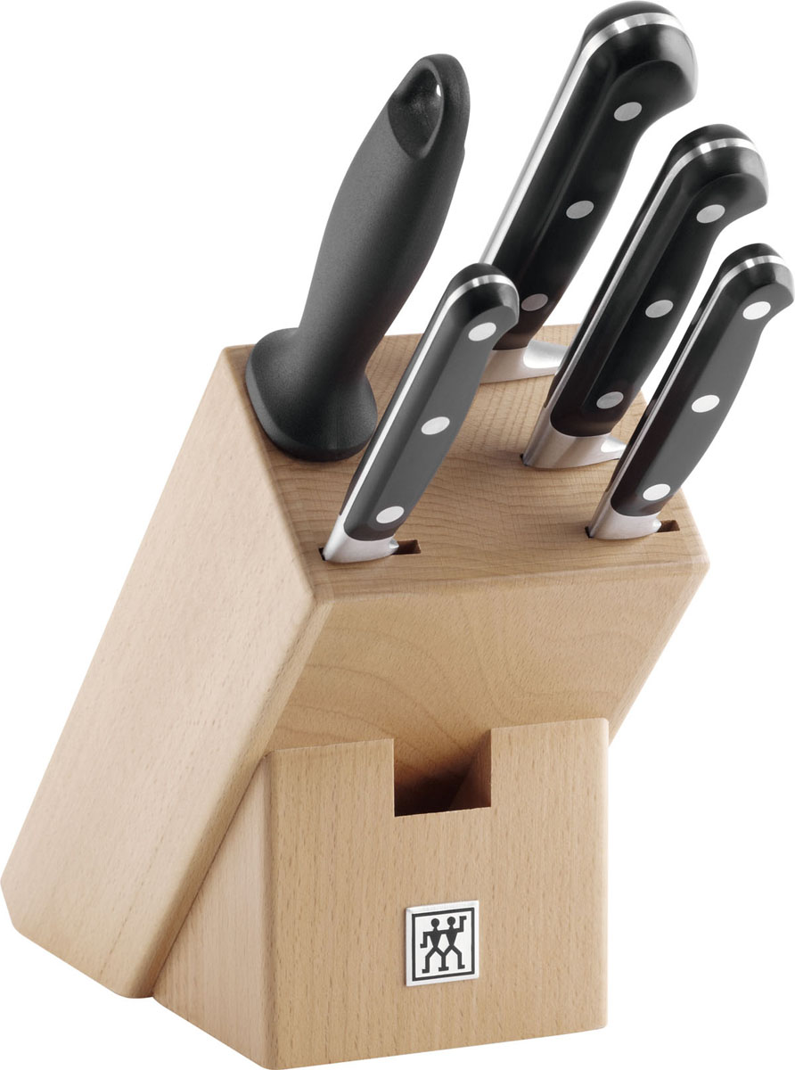 Набор Twin "Professional S" состоит из ножа для овощей, поварского ножа, универсальный нож, ножа для нарезки и мусат. Ножи компактно хранятся в стильной подставке из бамбука.  Особенности набора ножей Twin "Professional":   ножи изготовлены из высококачественной нержавеющей стали  технология холодной закалки Friodur  V-образное лезвие обеспечивает высокую режущую способность  цельнокованый клинок позволят использовать изделия максимально долго  эргономичная рукоятка покрыта пластиком  рукоятка имеет наконечник из нержавеющей стали с лазерной гравировкой Zwilling  бамбуковая подставка оснащена пазами с множеством пластиковых разделителей, которые надежно удерживают предметы.  заточку ножей следует производить только с помощью мусата компании Zwilling Характеристики:  Материал: нержавеющая сталь, пластик, бамбук. Общая длина универсального ножа:  23,5 см. Длина лезвия универсального ножа:  12,5 см. Общая длина поварского ножа:  33 см. Длина лезвия поварского ножа:  20 см. Общая длина ножа для нарезки:  28 см. Длина лезвия ножа для нарезки:  16 см. Общая длина мусата:  35 см. Общая длина ножа для овощей:  20,5 см. Длина лезвия ножа для овощей:  10 см. Размер подставки:  24 см х 8 см х 11 см. Размер упаковки:  36 см х 15,5 см х 14,5 см. Производитель:  Германия. Артикул:  35223-000.   Немецкая компания "Zwilling J. A. Henckels" была основана в 1731 году. При производстве своей продукции компания на протяжении многих лет использует инновационные технологии. В настоящее время компания "Zwilling J. A. Henckels" является эталоном высокого немецкого качества, долговечности и практичности, чем заслужили признание во всем мире.