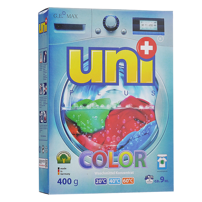 Стиральный порошок UniPlus Color для цветного белья, концентрированный, 400 г200025 Стиральный порошок UniPlus Color для цветного белья, концентрированный, 400 г200025Концентрированный стиральный порошок UniPlus Color предназначен для стирки цветных изделий из хлопчатобумажных, льняных, синтетических тканей и тканей из смешанных волокон, тонких и быстролиняющих изделий. В состав входят цветозащитные компоненты, сохраняющие яркость цветов ткани изделия.Порошок эффективно отстирывает при температурах от 20°С до 60°С. Предназначен для стирки в стиральных машинах любого типа и для ручной стирки.Не подходит для стирки белого белья, а также деликатных тканей и изделий из шерсти.В состав входят смягчающие воду вещества, защищающие стиральную машину от образования известкового налета. Характеристики: Вес: 400 г. Размер упаковки: 19,5 см х 14,5 см х 4 см. Артикул: 200025. Товар сертифицирован.