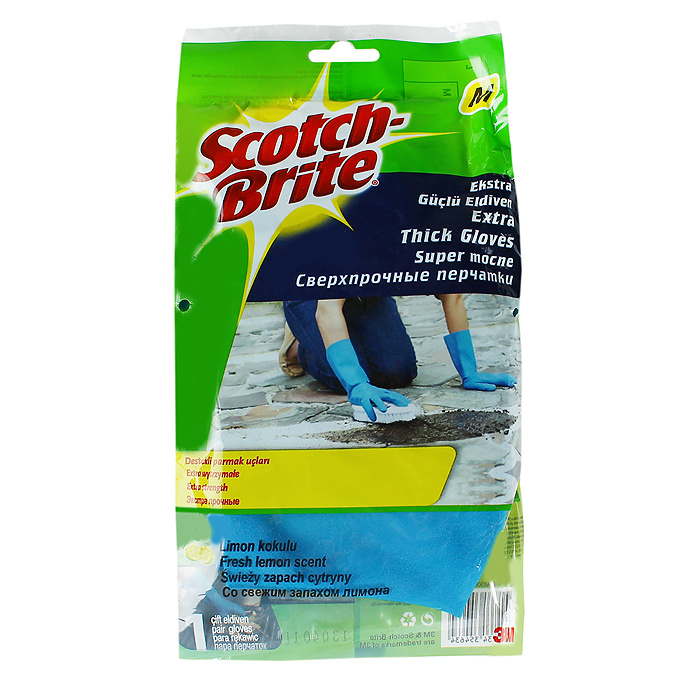 Перчатки Scotch Brite сверхпрочные, цвет: голубой. Размер МXX-0048-3006-1 Перчатки Scotch Brite сверхпрочные, цвет: голубой. Размер МXX-0048-3006-1Резиновые перчатки Scotch Brite экстрапрочные с уплотненными кончиками пальцев и с приятным ароматом лимона, подходят для чувствительной кожи рук. Они защищают кожу рук при работе с бытовой химией, предохраняют от загрязнения и влаги, они идеально подходят для стирки уборки, и прочих работ по хозяйству. Перчатки удобные, принимают форму ладони, пористая поверхность лицевой стороны перчаток позволяет легко и уверенно держать необходимый предмет.