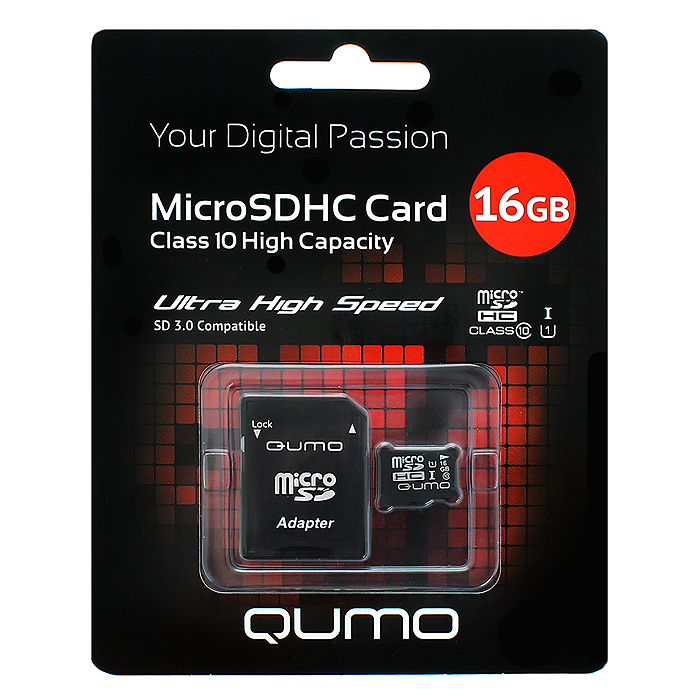 QUMO microSDHC Class 10 UHS-I 16GB карта памяти + адаптер SD
