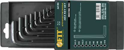 Набор шестигранных Fit, 9 шт, 1,5-10 мм64185 Набор шестигранных Fit, 9 шт, 1,5-10 мм64185Набор ключей шестигранных ключей, изготовленных из высококачественной термообработанной хром-ванадиевой стали. Характеристики: Материал: сталь. Размеры ключей: 1,5 мм, 2 мм, 2,5 мм, 3 мм, 4 мм, 5 мм, 6 мм, 8 мм, 10 мм. Размер упаковки: 15 см x 9,5 см x 1,5 см.