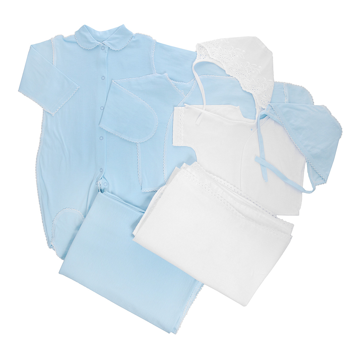 Комплект для новорожденного Трон-Плюс, 7 предметов, цвет: белый, голубой. 3472. Размер 56, 1 месяц