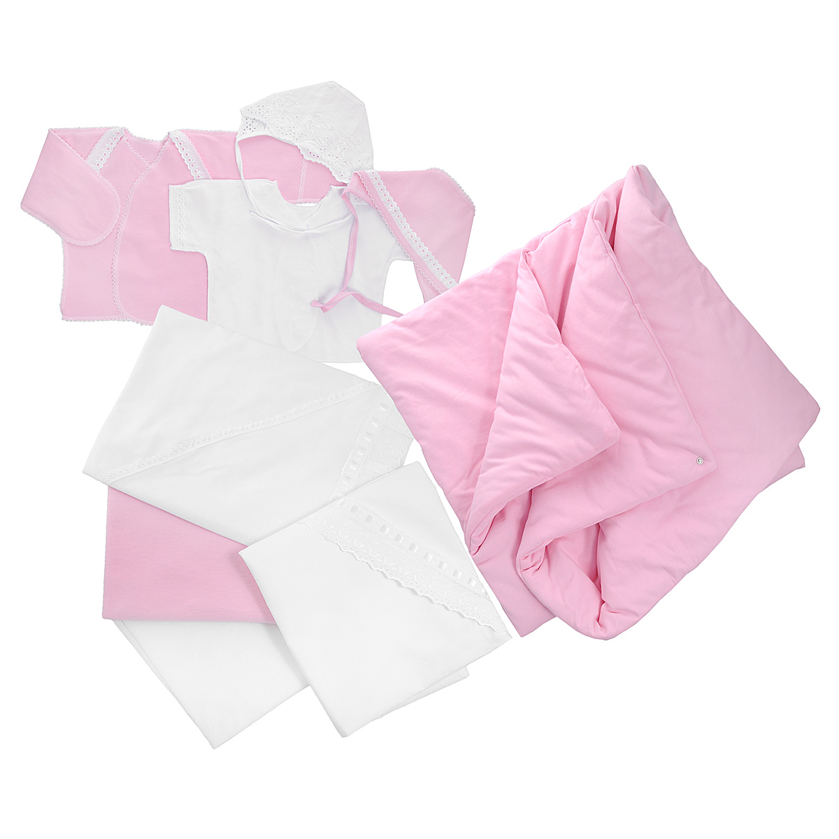 Комплект для новорожденного Трон-Плюс, 9 предметов, цвет: белый, розовый. 3476. Размер 50, 0-1 месяц