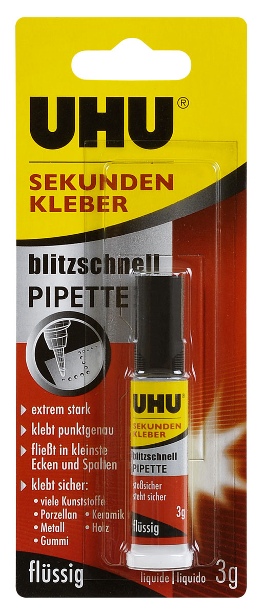 Клей UHU Sekundenkleber, секундный, 3 г45570, 3001514 Клей UHU Sekundenkleber, секундный, 3 г45570, 3001514Клей UHU Sekundenkleber - это прозрачный секундный клей в пипетке для сверхточного нанесения идеален для краёв и поверхностей. За счёт аппликатора Клей можно наносить даже в самые неудобные углы. Запатентованная система защиты от утечки не дает клею вытечь даже при опрокидывании бутылочки.Дает полный контроль над дозировкой. Облегчает точное нанесение.Делает монтаж головки и открытие при первом использовании более простым (по сравнению с обычным тюбиком).Защитная пломба исключает возможность случайного открывания и быстрого высыхания клея.Клей не подходит для полиэтилена, полипропилена, соединений силикона, тефлона (PTFE), стиропора.Открытый клей рекомендуется хранить в прохладном месте.Инструкция по использованиюПредпосылка удачного склеивания – идеально чистая и сухая поверхность. В случае, если материал позволяет это сделать, рекомендуется многократная протирка места склеивания растворителями (ацетоном и т.п.). При склеивании металлов достаточно просто очистить поверхность наждаком или щёткой.Необходимо нанести клей на одну из склеиваемых сторон, вторую сторону тут же прижать к ней. Излишки клея можно удалить с помощью бумажной салфетки сразу же после использования.Клей схватывает (в зависимости от материала) через несколько секунд либо через несколько минут. Максимальная прочность соединения достигается через 12 часов.Клеевое соединение можно разъединить нагревом до 180 С, а также при долгосрочном воздействии воды либо ацетоном.Высокая влажность ускоряет процесс схватывания, соответственно, при низкой влажности он тормозится. Поэтому для ускорения процесса схватывания на нанесённый клей можно подуть.Для удаления остатков клея используйте ацетон.Клей очень быстро схватывает при повышенной влажности (например, вступая в контакт с потом, кожным жиром, слезой и т.п.), поэтому при работе с ним надо быть крайне осторожным.Если у Вас склеились пальцы, можно подержать их в тёплой воде и потом попытаться разъединить скрепкой или проволокой. Кроме того, можно попытаться удалить Клей ацетоном либо средством для удаления лака с ногтей. Так как органические растворители сильно обезжиривают кожу, рекомендуется после этого нанести крем для рук. Оставшиеся следы клея на коже можно удалить с помощью пемзы.Если брызги клея попрали в рот или глаз, то их необходимо держать открытыми и промыть большим количеством воды. Характеристики:Вес: 3 г. Размер упаковки: 17 см х 9,5 см х 1,5 см.