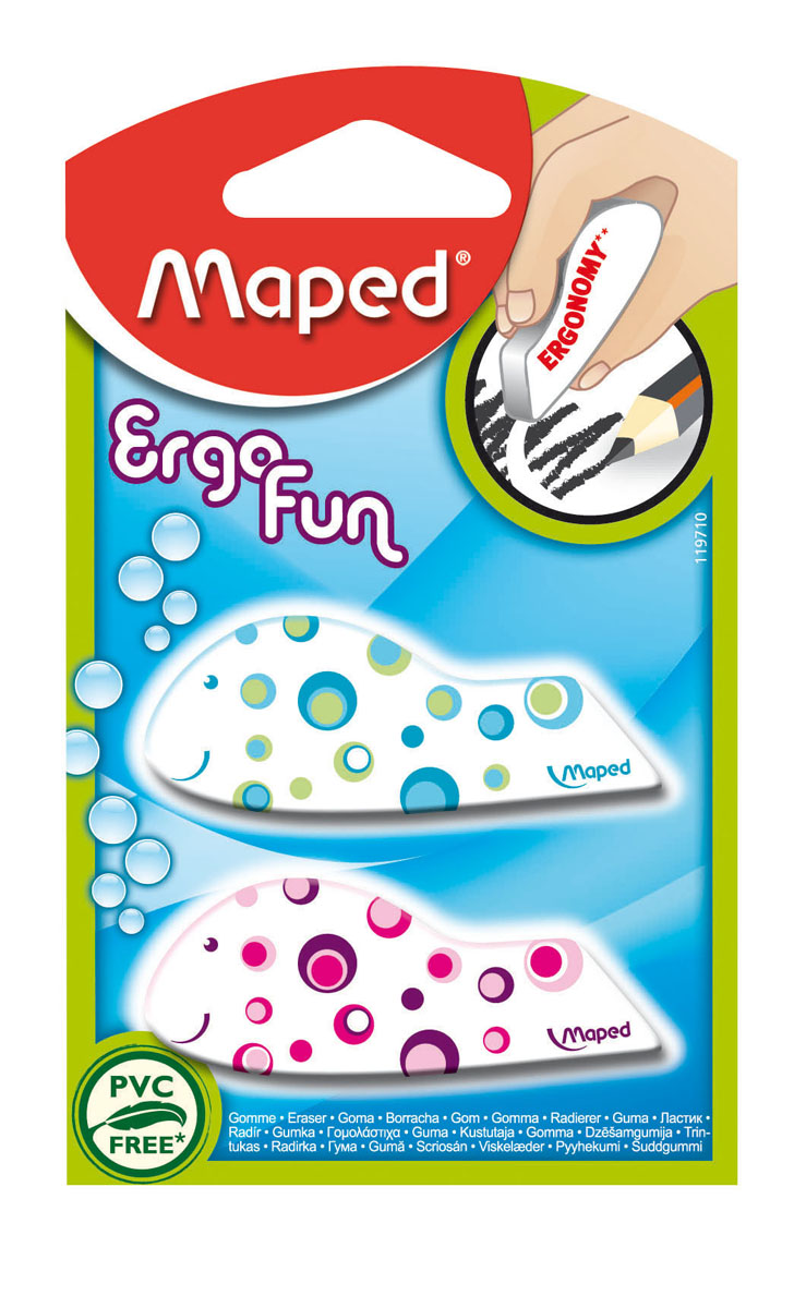 Набор ластиков Maped Ergo fun fancy, 2 шт119710 Набор ластиков Maped Ergo fun fancy, 2 шт119710Набор ластиков Maped Ergo fun fancy состоит из двух ластиков затейливых форм и расцветок. Эргономичная форма ластика удобна для детских рук. Точное стирание: простое стирание тонких и широких линий. Ластики в форме забавных животных несомненно привлекут внимание и интерес вашего ребенка к процессу обучения. Характеристики:Материал: каучук. Размер ластика: 5,5 см x 2,2 см x 0,8 см. Размер упаковки: 12,5 см х 7,5 см х 1 см.Изготовитель: Китай.