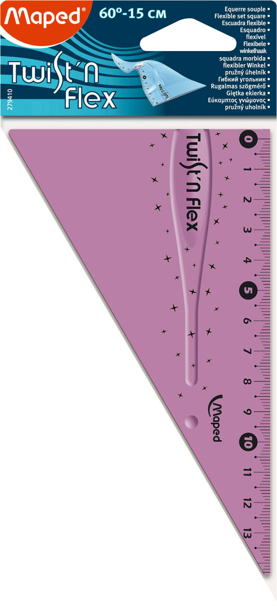Угольник Maped Twist-n-Flex, неломающийся, 15 см, цвет: сиреневый279410 Угольник Maped Twist-n-Flex, неломающийся, 15 см, цвет: сиреневый279410Гибкий неломающийся угольник Maped - это не только необходимый в учебе предмет, но и легкий способ привлечь ребенка к процессу обучения. Выполнен из прозрачного цветного пластика с ровной четкой миллиметровой шкалой делений до 14 см. Характеристики:Длина: 14 см. Угол: 60 градусов.