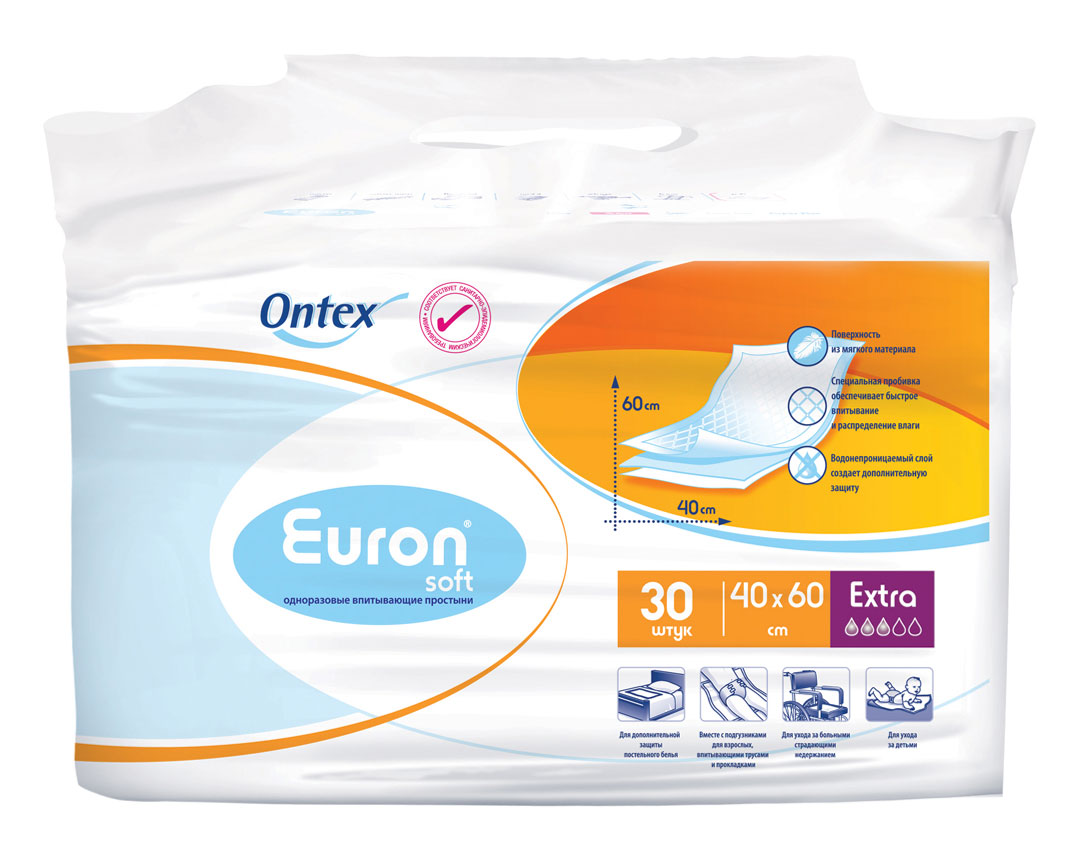 Euron Простыни впитывающие Soft Extra 40х60 см 30 шт962621052 Euron Простыни впитывающие Soft Extra 40х60 см 30 шт962621052Одноразовые впитывающие простыни Ontex Euron Soft Extra предназначены для дополнительной защиты постельного белья при уходе за детьми, больными, страдающими недержанием и лежачими больными. Поверхность из мягкого нетканого материала не раздражает кожу. Специальная пробивка и внутренний слой из распушенной целлюлозы обеспечивают быстрое впитывание и распределение влаги. Простыни имеют водонепроницаемый внешний слой, предотвращающий вытекание жидкости из впитывающей основы. В комплект входят 30 одноразовых простыней.Ontex Healthcare - один из лидирующих поставщиков одноразовых средств гигиены в Европе, используя бренд Euron (Еврон), производит широкий спектр гигиенической продукции, предназначенной при различной степени недержания мочи, или необходимой при уходе за лежачими пациентами. Продукция Euron представляет собой полный перечень средств гигиены для взрослых людей с проблемами недержания, от самого легкого уровня впитываемости до самого высокого. Средства гигиены Euron имеют 5 уровней поглощения. Изготовленная при помощи современного и передового оборудования, в соответствии с мировыми стандартами качества, продукция Euron имеет заслуженную репутацию своих пользователей. Кроме того, собственные уникальные технологии производства прокладок и подгузников Euron гарантируют быстрое, и эффективное впитывание, обеспечивая комфорт и спокойствие людям, которые пользуются данной продукцией. В результате - продукция Euron широко применяется в клиниках, системе здравоохранения, в домах престарелых и просто в домашних условиях для индивидуального использования. Характеристики:Материал: распушенная целлюлоза, нетканый материал, полиэтилен. Впитываемость: Extra. Размер простыни: 40 см x 60 см.