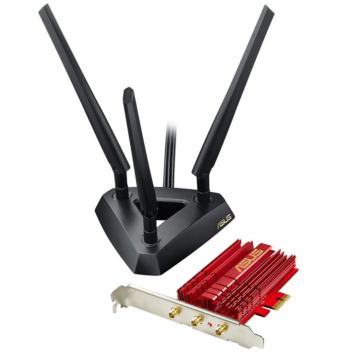 ASUS PCE-AC68 беспроводной адаптерPCE-AC68 ASUS PCE-AC68 беспроводной адаптерPCE-AC68Asus PCE-AC68 - это беспроводной адаптер нового стандарта Wi-Fi 802.11ac, который обеспечивает скорость передачи данных на уровне 1,3 Гбит/с. В комплект поставки устройства входит внешняя база для установки антенн, которую можно поставить в наиболее подходящем для оптимальной работы адаптера месте.Современная функциональность:Поддержка стандарта 802.11ac, реализованная с помощью чипсетов Broadcom, означает, что PCE-AC68 уже сейчас дает возможность всем пользователям насладиться преимуществами новой технологии, которую относят к пятому поколению беспроводных средств коммуникации. Кроме того, этот адаптер обратно совместим со всеми предыдущими версиями Wi-Fi.Увеличенная зона действия:PCE-AC68 может похвастать увеличенным радиусом действия беспроводного модуля, что способствует стабильной передаче данных и устранению «мертвых зон».Беспроводной интерфейс для любого компьютера:Адаптер PCE-AC68 выполнен в форм-факторе платы расширения с интерфейсом PCI Express, поэтому он подключается непосредственно к материнской плате и не требует отдельного блока питания. С его помощью можно реализовать беспроводной интерфейс Wi-Fi в любом стационарном компьютере.Гибкое размещение антенн:Три съемные антенны адаптера PCE-AC68 можно установить либо непосредственно на его крепежной планке, либо на входящей в комплект поставки внешней базе с магнитным основанием. В последнем случае имеется возможность гибкого выбора места для антенн, чтобы добиться максимально уверенного приема и передачи беспроводного сигнала.Эффективное охлаждение:За охлаждение устройства отвечает алюминиевый радиатор, который не только способствует стабильной работе адаптера в любых условиях, но и добавляет в его облик эстетический элемент.