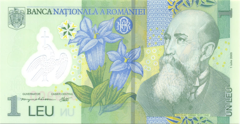 Банкнота номиналом 1 лей. Полимер. Румыния, 2005 год