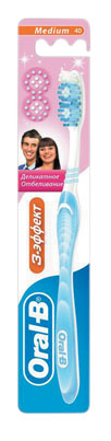Oral-B Зубная щетка 3-Effect. Деликатное отбеливание, средняя жесткостьORL-81309765 Oral-B Зубная щетка 3-Effect. Деликатное отбеливание, средняя жесткостьORL-81309765Зубная щетка Oral-B 3-Effect. Деликатное отбеливание помогает бережно удалять потемнения на эмали, чтобы достичь естественной белизны. Овальная чистящая головка обеспечивает доступ к задним зубам; Гладкие, закругленные на концах щетинки глубоко проникают в труднодоступные места, делая это бережно и безопасно; Голубые щетинки Indicator, обесцвечиваясь наполовину, сигнализируют об износе щетины и напоминают о необходимости замены зубной щетки; Чашевидные щетинки Action Cup охватывают каждый зуб отдельно, повторяя его контур. Характеристики:Материал: пластик, щетина. Длина щетки: 18,5 см. Артикул: 81309765. Производитель: Индия. Товар сертифицирован.