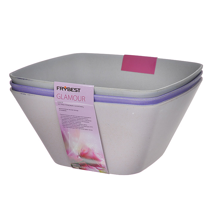 Набор салатников Frybest Glamour, цвет: фиолетовый, розовый, серый, 24,5 см х 24,5 см, 3 штGL32-S3 Набор салатников Frybest Glamour, цвет: фиолетовый, розовый, серый, 24,5 см х 24,5 см, 3 штGL32-S3Набор Frybest Glamour состоит из трех глубоких квадратных салатников фиолетового, розового и серого цвета. Салатники выполнены из экологически чистых бамбуковых волокон. Материал не содержит вредных примесей и токсинов, является биоразлагаемым (не вредит природе).Набор салатников Frybest Glamour раскрасит вашу кухню в яркие цвета!Максимально допустимая температура использования 70°С. Максимальное использование при температуре 70°С не более двух часов. Характеристики:Материал: бамбук. Цвет: фиолетовый, розовый, серый. Размер салатника: 24,5 см х 24,5 см. Высота стенок салатника: 12 см. Комплектация: 3 шт. Артикул: GL32-S3.