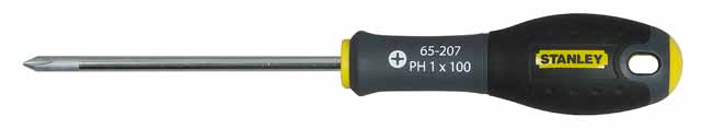 Отвертка крестовая Stanley FatMax, PH1 х 100 мм1-65-207 Отвертка крестовая Stanley FatMax, PH1 х 100 мм1-65-207Отвертка крестовая Stanley FatMax предназначена для монтажа/демонтажа резьбовых соединений с применением значительных усилий.Особенности: Стержень изготовлен из хромованадиевой стали для высокой прочности и уменьшения вероятности сколов; Рукоятка отлита поверх стержня, что образует практически неразрушимое соединение деталей; Большая удобная рукоятка обеспечивает большой момент и максимальный комфорт при работе; Сужение рукоятки обеспечивает более высокий уровень контроля отвертки, когда требуется повышенная скорость и точность прикладываемого момента; Дробеструйная обработка помогает защитить жало от коррозии и прикладывать больший момент; Гладкий куполовидный край рукоятки обеспечивает высокую скорость и комфорт при работе; Цветовая маркировка рукоятки помогает правильно идентифицировать тип отвертки под соответствующий шлиц. Характеристики: Материал: пластик, металл. Длина жала: 10 см. Длина ручки: 11 см. Размеры упаковки: 21 см х 3 см х 3 см.