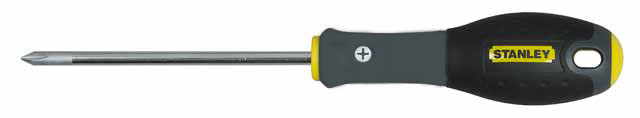 Отвертка крестовая Stanley FatMax, PH2 х 125 мм1-65-209 Отвертка крестовая Stanley FatMax, PH2 х 125 мм1-65-209Отвертка крестовая Stanley FatMax предназначена для монтажа/демонтажа резьбовых соединений с применением значительных усилий.Особенности: Стержень изготовлен из хромованадиевой стали для высокой прочности и уменьшения вероятности сколов; Рукоятка отлита поверх стержня, что образует практически неразрушимое соединение деталей; Большая удобная рукоятка обеспечивает большой момент и максимальный комфорт при работе; Сужение рукоятки обеспечивает более высокий уровень контроля отвертки, когда требуется повышенная скорость и точность прикладываемого момента; Дробеструйная обработка помогает защитить жало от коррозии и прикладывать больший момент; Гладкий куполовидный край рукоятки обеспечивает высокую скорость и комфорт при работе; Цветовая маркировка рукоятки помогает правильно идентифицировать тип отвертки под соответствующий шлиц. Характеристики: Материал: пластик, металл. Длина жала: 12,5 см. Длина ручки: 11 см. Размеры упаковки: 24 см х 3 см х 3 см.