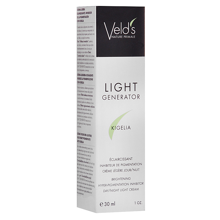 Velds Лосьон Light Generator для лица, осветляющий, замедляющий пигментацию, 30 мл760108930445 Velds Лосьон Light Generator для лица, осветляющий, замедляющий пигментацию, 30 мл760108930445Осветляющий лосьон Velds Light Generator подходит для всех типов кожи и для всех возрастов, начиная с 20 лет.Мягкое очищение и отшелушивание, укрепляет клетки и борется с окислением. Не содержит парабенов, отдушек и красителей. Применение: нанесите немного данного средства на кожу ладони и смочите каплями воды, слегка разотрите для того, чтобы запустить процесс пенообразования. Соль раствориться и получится очень мягкая пенка для умывания. Характеристики:Объем: 30 мл. Артикул: 760108930445. Производитель: Франция. Товар сертифицирован.