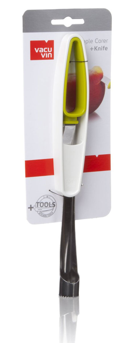 Нож для чистки яблок и удаления сердцевины VacuVin Apple corer + Knife4663660 Нож для чистки яблок и удаления сердцевины VacuVin Apple corer + Knife4663660НожAppleCorer +Knife легко удаляет сердцевину из яблок, а с помощью специального ножа в рукоятке можно очистить и нарезать все видыфруктов. Подготовитьфрукты к употреблению теперь станет намного проще!Характеристики:Материал:металл, пластик. Размер ножа для удаления сердцевины:26 см x 3 см х 2 см. Размер ножа:13,5 см х 2,5 см х 2 см. Размер упаковки:28 см x 9,5 см x 3 см.
