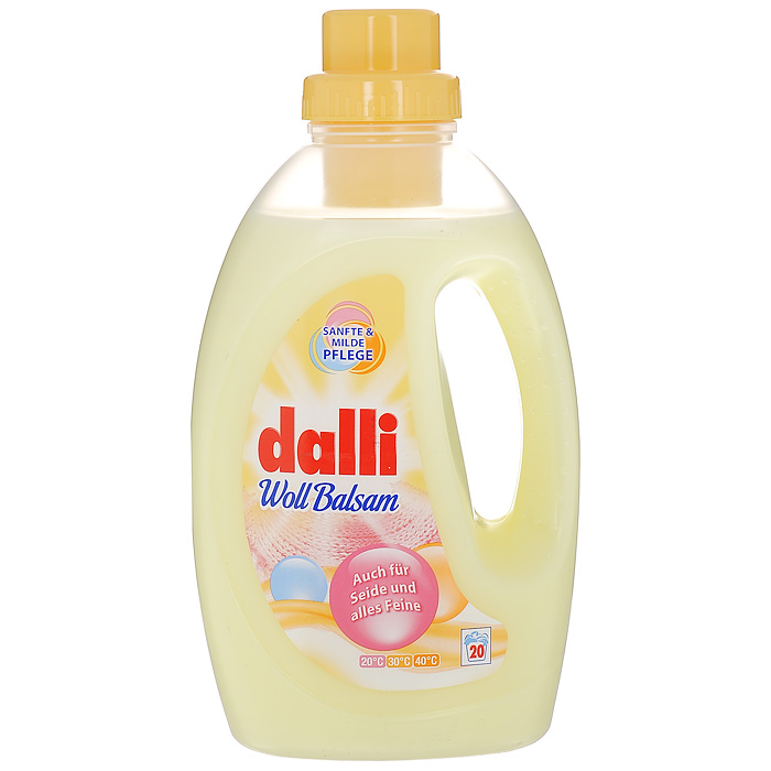 Гель для стирки шерсти и шелка Dalli Woll Balsam, 1,35 л523856 Гель для стирки шерсти и шелка Dalli Woll Balsam, 1,35 л523856Универсальное жидкое средство для стирки изделий из шерсти с формулой защиты волокон при Т 40°С-60°С. Не содержит фосфаты, не требует дополнительных средств от извести. Хватает на 20 стирок.Меры предосторожности: После ручной стирки рекомендуется промыть руки водой. Хранить в недоступном для детей месте! Характеристики: Размер емкости: 11,5 см х 8 см х 26 см.Размер упаковки: 11,5 см х 8 см х 26 см.Состав: анионные тензиды (5-15%), мыло ( менее 5%), неионные тензиды, отдушка.