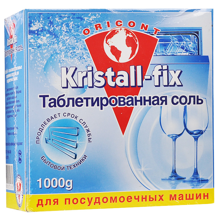 Таблетированная соль для ПММ Kristall-fix, 1 кг25161 Таблетированная соль для ПММ Kristall-fix, 1 кг25161Специальная таблетированная соль для посудомоечных машин Kristall-fix необходима для защиты машины и посуды от образования накипи. Изготовлена на основе натуральной соли. Защищает нагревательные элементы от повреждений накипью и продлевает срок службы посудомоечных машин. Пригодна для посудомоечных машин всех типов. При использовании растворяется без остатков. Обеспечивает кристальную чистоту Вашей посуды.Способ применения: Удалить остатки пищи с посуды и положить в посудомоечную машину. Положить таблетки в дозатор или короб мойки столовых приборов (ножей, вилок), в соответствии с указаниями производителя посудомоечных машин. Закрыть машину. Выбрать программу мытья посуды и включить машину. Для достижения оптимального результата рекомендуется постоянно следить за состоянием соли и ополаскивателя в машине.Меры предосторожности: Беречь от детей. Избегать попадания в глазах промыть холодной водой и обратиться к врачу. Применять только по назначению. Хранить в сухом месте. Характеристики: Вес: 1000 г.Размер упаковки: 13 см х 6,5 см х 13 см.Состав: натуральная соль.