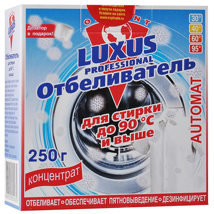 Отбеливатель для стирки до 90°С Luxus Professional, 250 г25143 Отбеливатель для стирки до 90°С Luxus Professional, 250 г25143Отбеливатель для стирки Luxus Professional отбеливает изделия из тканей всех видов при температурах 60-90°С. Идеален для белых тканей из хлопка. Удаляет любые трудновыводимые пятна чая, кофе, сока, вина.Не повреждает ткань.Способ применения отбеливателя для автоматической стирки:Отбеливание: 40 г отбеливателя на 4-5 кг сухого белья вместе со стиральным порошком насыпать в камеру для основной стирки, установить температурный режим до 90°С.Дезинфицирование: после основной стирки белья, засыпать от 100 г отбеливателя в камеру и установить режим полоскания.Способ применения отбеливателя для ручной стирки:Отбеливание и дезинфицирование: 40 г отбеливателя добавить вместе со стиральным порошком на 5 л воды при температуре до 90°С, замочить белье на 15-20 минут, затем приступить к стирке. Для дезинфицирования полоскать белье в водном растворе с отбеливателем.Пятновыведение: перед стиркой 20 г отбеливателя размещать с 40 мл воды, получившуюся пасту нанести на пятно. Время воздействия на загрязненное место от 20 минут до 2 часов. Характеристики: Вес: 250 г.Размер упаковки: 10,5 см х 4,5 см х 11 см.Состав: перкарбонат натрия (>30%), комплексообразователь (Уважаемые клиенты!Обращаем ваше внимание на возможные изменения в дизайне упаковки. Качественные характеристики товара остаются неизменными. Поставка осуществляется в зависимости от наличия на складе.