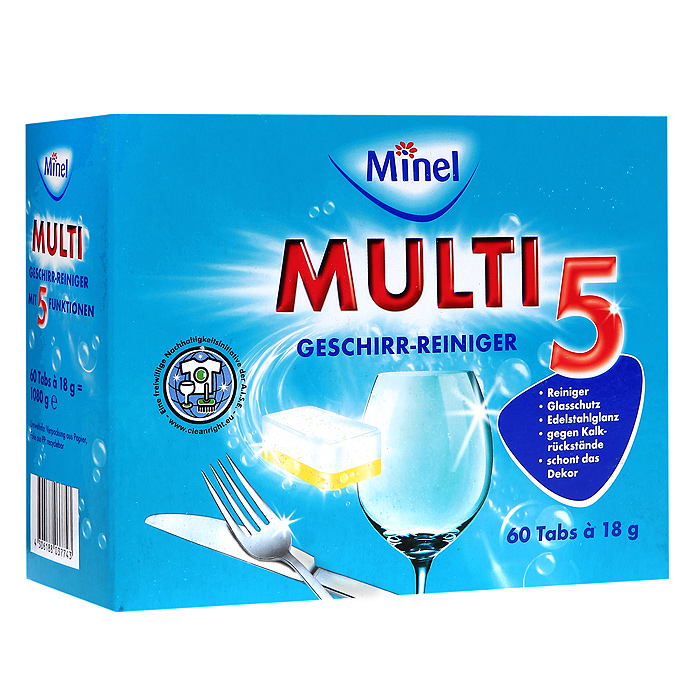 Чистящее средство для посуды Minel "Multi 5" идеально очищает посуду, придает блеск и защищает посудомоечную машину от известкового налета. В комплекте 60 таблеток. Одной таблетки достаточно на один процесс мытья. Характеристики: Количество таблеток: 60 шт. Вес одной таблетки: 18 г. Размер упаковки: 19 см х 7,5 см х 15 см. Артикул: 803774. Товар сертифицирован.  Как выбрать качественную бытовую химию, безопасную для природы и людей. Статья OZON Гид