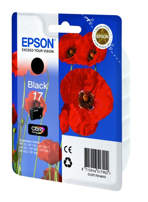 Epson 17 картридж для XP-33/XP-103/XP-406, черныйC13T17014A10 Epson 17 картридж для XP-33/XP-103/XP-406, черныйC13T17014A10Картридж стандартной емкости с пигментными черными чернилами для XP-33/XP-103/XP-406. Измерен по стандарту ISO/IEC FCD 24711 и 24712.
