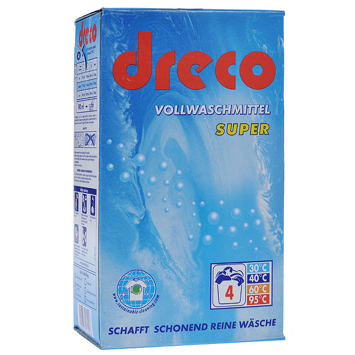 Стиральный порошок Dreco Super Vollwaschmittel, универсальный, 600 гВ1610 Стиральный порошок Dreco Super Vollwaschmittel, универсальный, 600 гВ1610Универсальный стиральный порошок Dreco Super Vollwaschmittel с активным кислородом подходит для всех видов стирки при температуре от 30°С до 95°С. Создает совершенно чистое белье, удаляет застарелые пятна даже при низких температурах. Не содержит фосфаты, не требует средства от извести. Экономичная упаковка позволит вам по достоинству оценить настоящее немецкое качество. Средства хватает на 4 стирки. Характеристики: Состав: 5-15%: анионные тензиды, цеолит, кислородный отбеливатель, менее 5%: нианионные тензиды, поликарбоксилаты; энзимы, оптический отбеливатель, отдушка. Вес: 600 г. Размер упаковки: 10 см х 17,5 см х 6 см.Артикул: В1610. Товар сертифицирован.