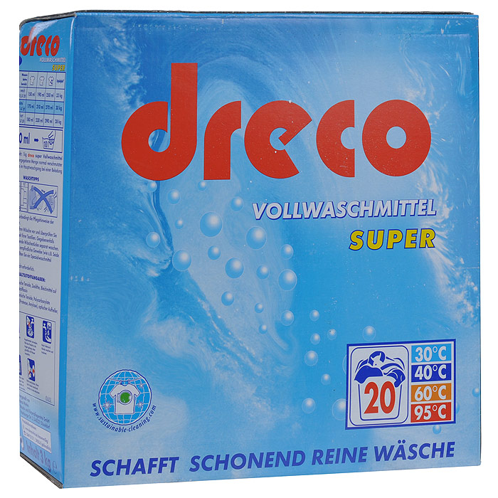 Стиральный порошок Dreco Super Vollwaschmittel, универсальный, 3 кгВ1616 Стиральный порошок Dreco Super Vollwaschmittel, универсальный, 3 кгВ1616Универсальный стиральный порошок Dreco Super Vollwaschmittel с активным кислородом подходит для всех видов стирки при температуре от 30°С до 95°С. Создает совершенно чистое белье, удаляет застарелые пятна даже при низких температурах. Не содержит фосфаты, не требует средства от извести. Экономичная упаковка позволит вам по достоинству оценить настоящее немецкое качество. Средства хватает на 20 стирок. Характеристики: Состав: 5-15%: анионные тензиды, цеолит, кислородный отбеливатель, менее 5%: нианионные тензиды, поликарбоксилаты; энзимы, оптический отбеливатель, отдушка. Вес: 3 кг. Размер упаковки: 25 см х 26 см х 9 см. Артикул: В1616. Товар сертифицирован.
