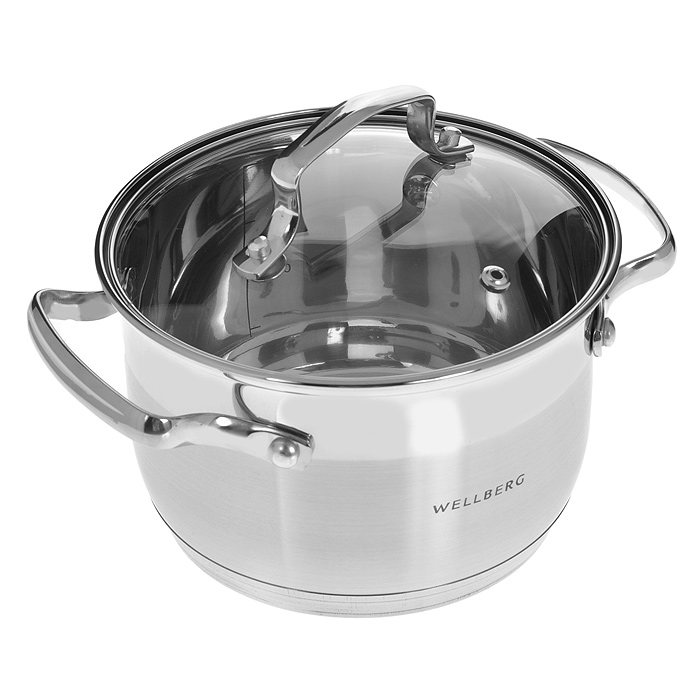 Кастрюля Wellberg Star с крышкой, 2,1 л02174WB Кастрюля Wellberg Star с крышкой, 2,1 л02174WBКастрюля с крышкой Wellberg Star изготовлена из высококачественной пищевой нержавеющей стали. Внутренняя поверхность идеально ровная, что значительно облегчает мытье. Комбинированная полировка поверхности кастрюли (зеркальная и матовая) придает ей привлекательный внешний вид. Энергосберегающее капсульное алюминиевое дно быстро и равномерно распределяет тепло. Внутренние стенки кастрюли имеют отметки литража. Крышка, выполненная из термостойкого стекла, позволит вам следить за процессом приготовления пищи. Она имеет отверстие для выхода пара и металлический обод. Крышка плотно прилегает к краю кастрюли, предотвращая проливание жидкости и сохраняя аромат блюд. Подходит для использования на всех типах плит, включая индукционные. Можно использовать в духовом шкафу. Также изделие можно мыть в посудомоечной машине. Характеристики:Материал: нержавеющая сталь, стекло, алюминий. Внутренний диаметр кастрюли: 16 см. Высота стенки кастрюли: 10,5 см. Толщина стенки: 0,15 см. Толщина дна: 0,3 см. Объем кастрюли: 2,1 л. Размер упаковки: 21,5 см х 21 см х 13 см. Артикул: 02174WB.