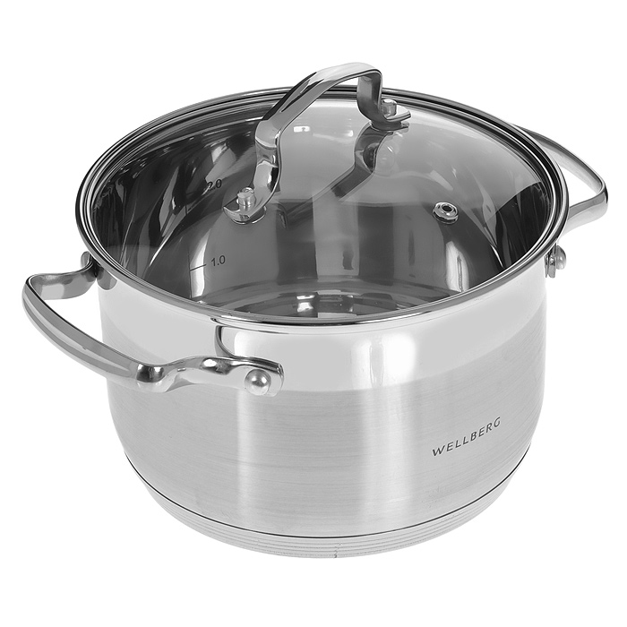 Кастрюля Wellberg Star с крышкой, 2,9 л02175WB Кастрюля Wellberg Star с крышкой, 2,9 л02175WBКастрюля с крышкой Wellberg Star изготовлена из высококачественной пищевой нержавеющей стали. Внутренняя поверхность идеально ровная, что значительно облегчает мытье. Комбинированная полировка поверхности кастрюли (зеркальная и матовая) придает ей привлекательный внешний вид. Энергосберегающее капсульное алюминиевое дно быстро и равномерно распределяет тепло. Внутренние стенки кастрюли имеют отметки литража. Крышка, выполненная из термостойкого стекла, позволит вам следить за процессом приготовления пищи. Она имеет отверстие для выхода пара и металлический обод. Крышка плотно прилегает к краю кастрюли, предотвращая проливание жидкости и сохраняя аромат блюд. Подходит для использования на всех типах плит, включая индукционные. Можно использовать в духовом шкафу. Также изделие можно мыть в посудомоечной машине. Характеристики:Материал: нержавеющая сталь, стекло, алюминий. Внутренний диаметр кастрюли: 18 см. Высота стенки кастрюли: 11,5 см. Толщина стенки: 0,15 см. Толщина дна: 0,3 см. Объем кастрюли: 2,9 л. Размер упаковки: 23,5 см х 21,5 см х 13 см. Артикул: 02175WB.