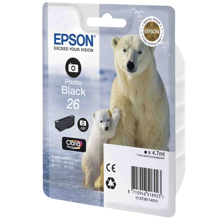 Epson 26 (C13T26114012), Photo Black картридж для XP-600/XP-700/XP-800C13T26114012 Epson 26 (C13T26114012), Photo Black картридж для XP-600/XP-700/XP-800C13T26114012Картридж стандартной емкости Epson 26 (C13T26114010) с водорастворимыми черными фото чернилами для печати фотографий для МФУ Epson.