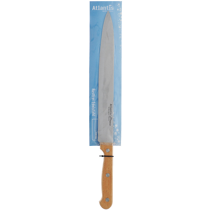 Нож Atlantis Classic, для нарезки, длина лезвия 23 см24812-SK Нож Atlantis Classic, для нарезки, длина лезвия 23 см24812-SKНож Atlantis Classic изготовлен из высококачественной стали ручной заточки. Благодаря узкому острому лезвию с особой формой режущей кромки, такой нож прекрасно подойдет для нарезки фруктов, овощей и мяса. Рукоятка, выполненная из пластика с оформлением под дерево, удобно лежит в руке, не скользит и делает резку удобной и безопасной.Практичный и функциональный нож Atlantis Classic займет достойное место среди аксессуаров на вашей кухне. Характеристики:Материал: сталь, пластик. Общая длина ножа: 36 см. Длина лезвия: 23 см. Ширина лезвия: 2,7 см. Размер упаковки: 41 см х 6,5 см х 2 см. Артикул: 24812-SK.