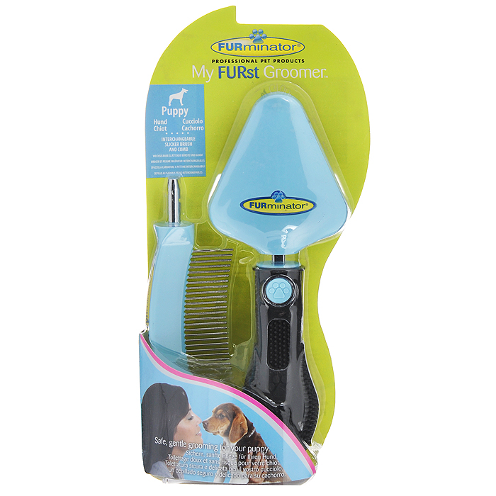 Фурминатор для щенка FURminator My FURst Groomer, 2 предмета113690 Фурминатор для щенка FURminator My FURst Groomer, 2 предмета113690Фурминатор для щенка FURminator My FURst Groomer - это удобный и эффективный прибор, который имеет две насадки: сликер (пуходерка) и расческа (гребень). Прибор мягко убирает отмерший подшерсток, сохраняет здоровье шерсти животного, не повреждая остевой волос. Съемный сликер и расческа безопасны и легки в применении. Эргономичная ручка из резины обеспечивает надежный хват и более удобное использование. Характеристики: Материал: металл, пластик, резина.Цвет: голубой, черный.Размер рабочей поверхности сликера: 6 см х 7 см.Длина рабочей поверхности гребня: 7 см.Размер упаковки: 11,5 см х 23 см х 4,5 см.