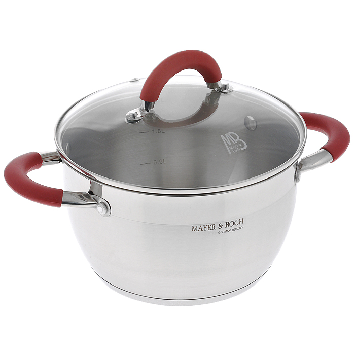 Кастрюля Mayer & Boch с крышкой, 2,1 л. 45454545 Кастрюля Mayer & Boch с крышкой, 2,1 л. 45454545Кастрюля Mayer & Boch изготовлена из высококачественной нержавеющей стали. Комбинация матовой и зеркальной полировки внешнего покрытия придает изделию особо эстетичный стильный вид. Изделие предназначено для здорового и экологичного приготовления пищи. Внутренняя гладкая поверхность легко чистится - можно мыть в воде руками или протирать полотенцем. Кастрюля оснащена двумя удобными ручками с ненагревающимися силиконовыми вставками красного цвета. Крышка из термостойкого стекла снабжена металлическим ободом, удобной силиконовой ручкой и отверстием для выпуска пара. Такая крышка позволяет следить за процессом приготовления пищи без потери тепла. Она плотно прилегает к краю кастрюли, сохраняя аромат блюд. Внутренние стенки кастрюли имеют отметки литража. Подходит для всех типов плит, включая индукционные. Не предназначена для СВЧ-печей. Можно мыть в посудомоечной машине. Подходит для хранения пищи в холодильнике. Характеристики: Материал: нержавеющая сталь, стекло, силикон. Объем: 2,1 л. Внутренний диаметр: 18 см. Высота стенки: 11 см. Толщина стенки: 0,3 мм. Толщина дна: 0,5 см. Ширина с учетом ручек: 28 см. Размер упаковки: 25 см х 19,5 см х 12,5 см. Артикул: 4545.