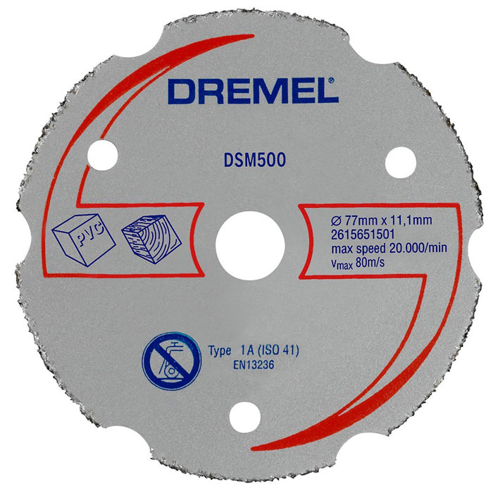 Карбидный отрезной диск Dremel DSM500 для пилы Dremel DSM202615S500JA Карбидный отрезной диск Dremel DSM500 для пилы Dremel DSM202615S500JAДиск Dremel DSM500 применяется совместно с компактной пилой DSM20. Диск имеет карбидное покрытие, что делает его очень прочным. Этим твердосплавным кругом можно выполнять как прямые, так и врезные пропилы в мягких материалах: виниле, плексигласе, гипсокартоне, пластике, ДВП, ламинате, фанере, в мягкой и твердой древесине.Рабочий диаметр: 20 мм.Диаметр диска: 77 мм.Максимальная скорость: 80 м/с.Максимальная скорость вращения: 20 000 об/мин.