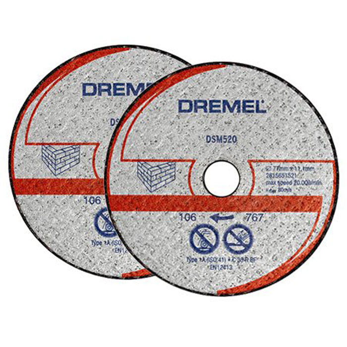 Отрезной диск по бетону Dremel DSM520 для Dremel DSM20, 2 шт2615S520JA Отрезной диск по бетону Dremel DSM520 для Dremel DSM20, 2 шт2615S520JAДиск Dremel DSM520 - это армированный абразивный отрезной круг типа 1, предназначенный для резки камня и бетона.Рабочий диаметр: 20 мм.Диаметр диска: 77 мм.Посадочное отверстие: 11,1 мм.Максимальная скорость: 80 м/с.Максимальная скорость вращения: 20 000 об/мин.