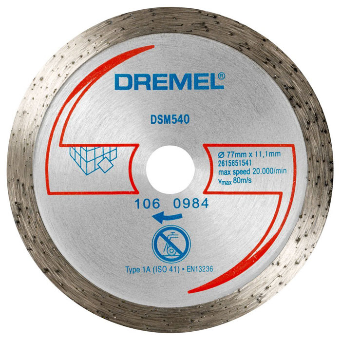 Алмазный отрезной диск для плитки Dremel DSM540 для DSM202615S540JA Алмазный отрезной диск для плитки Dremel DSM540 для DSM202615S540JAАлмазный отрезной диск Dremel DSM540, создан для резки таких твердых материалов как мрамор, бетон, клинкер, фарфор и керамическая плитка.Рабочий диаметр: 20,0 мм.Диаметр диска: 77 мм.Посадочное отверстие: 11,1 мм.Максимальная скорость: 80 м/с.Максимальная скорость вращения: 20 000 об/мин.