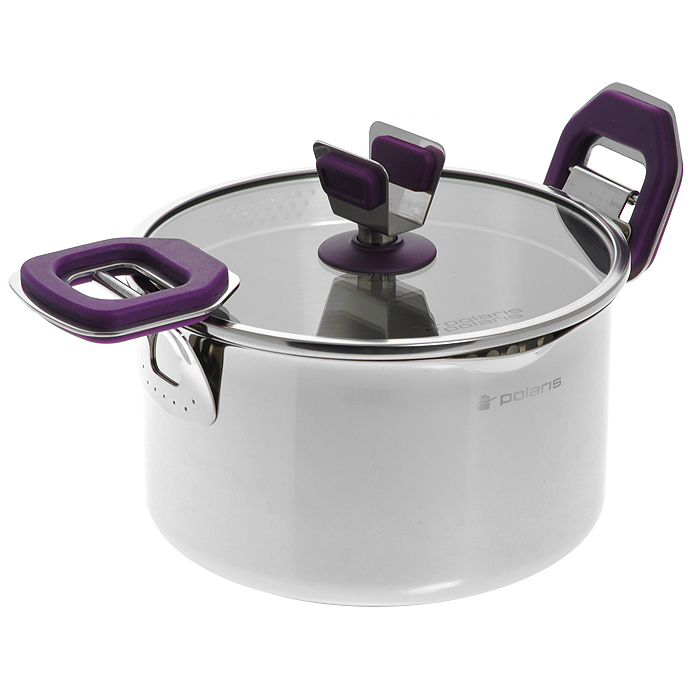 Кастрюля Polaris Violette с крышкой, 3,5 лVIOL-20C Кастрюля Polaris Violette с крышкой, 3,5 лVIOL-20CКастрюля Polaris Violette изготовлена из высококачественной нержавеющей стали 18/10 с зеркальной полировкой. Внутренняя поверхность матовая. Специальное утолщенное дно с прослойкой из алюминия обеспечивает быстрый и равномерный нагрев посуды. Внутренние стенки имеют отметки литража. Кастрюля оснащена носиками с двух сторон. Крышка изготовлена из термостойкого стекла, оснащена широким металлическим ободом с отверстиями разного диаметра, а также ручкой с держателем для ложки. Многофункциональные подвижные ручки с эффектом Soft-Touch, выполненные из бакелита с прорезиненной поверхностью фиолетового цвета, облегчают процесс слива жидкости. Они плотно фиксируют крышку; благодаря носикам и отверстиям в ободе крышки лишнюю жидкость можно вылить, не снимая крышки. Ручки не нагреваются, поэтому нет необходимости использовать прихватки. Подходит для всех типов плит: газовых, электрических, галогенных, стеклокерамических, индукционных. Подходит для использования в духовом шкафу. Можно мыть в посудомоечной машине. Характеристики: Материал: нержавеющая сталь, бакелит, стекло. Диаметр: 20 см. Высота стенки: 12 см. Толщина стенки: 0,7 мм. Толщина дна: 5 мм. Диаметр дна: 16,5 см. Объем: 3,5 л.