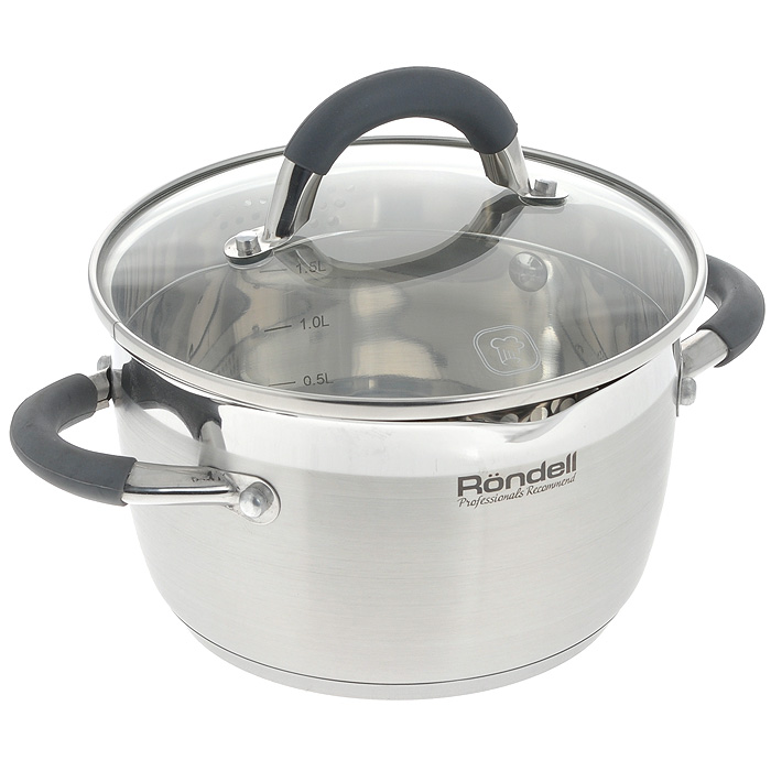 Кастрюля Rondell Flamme с крышкой, 2,3 лRDS-023 Кастрюля Rondell Flamme с крышкой, 2,3 лRDS-023Кастрюля Rondell Flamme изготовлена из высококачественной нержавеющей стали, что гарантирует безупречный внешний вид посуды, практичность и долговечность. Уникальный 2-х этапный метод технологии тройного дна с вштампованным, а затем вплавленным алюминиевым диском позволяет равномерно распределять и значительно дольше сохранять тепло по стенкам и дну посуды, что предотвращает пригорание пищи и обеспечивает более быстрое приготовление блюд. Посуда продолжает готовить даже после выключения плиты! Аккумуляция тепла при закрытой крышке создает замкнутый цикл парообразования, позволяя готовить в такой посуде без использования масла и воды или же с их минимальным количеством, что позволяет сохранить натуральный вкус продуктов. Крышка, выполненная из термостойкого стекла, позволяет контролировать процесс приготовления без потери тепла. Оригинальный дизайн крышки позволяет вам сливать жидкость без дополнительных усилий, просто повернув крышку перфорированной стороной к изгибу стенки кастрюли.С отметками литража на внутренних стенках посуды вы легко сможете соблюдать пропорции рецептуры без применения дополнительных предметов.Вам не нужны прихватки: мягкие силиконовые ручки не нагреваются и не скользят, приятны на ощупь. Плавный переход от дна кастрюли к ее стенкам - для вашего удобства при помешивании и мытье. Не требует специального ухода и проста в использовании.Комбинация зеркальной и матовой полировки придает кастрюле особо эстетичный внешний вид. Эргономичный дизайн и функциональность кастрюли Rondell Flamme позволят вам наслаждаться процессом приготовления любимых, полезных для здоровья блюд.Изделие подходит для использования на всех видах плит, включая индукционные. Можно мыть в посудомоечной машине. Характеристики:Материал: нержавеющая сталь 18/10, стекло, силикон. Объем кастрюли: 2,3 л. Внутренний диаметр кастрюли: 18 см. Высота стенок кастрюли: 11 см. Толщина стенок кастрюли: 0,6 мм. Толщина дна кастрюли: 5 мм. Диаметр основания кастрюли: 14,5 см. Ширина кастрюли с учетом ручек: 26 см.УВАЖАЕМЫЕ КЛИЕНТЫ!Обращаем ваше внимание на тот факт, что объем кастрюли указан максимальный, с учетомполного наполнения до кромки. Шкала на внутренней стенке кастрюли имеет меньшийлитраж. Посуда Rondell совсем недавно появилась на российском рынке, но уже прекрасно себязарекомендовала. Эту посуду по достоинству оценили тысячи любителей кулинарии, арекомендации профессионалов - шеф-поваров многих ресторанов и ведущих популярныхкулинарных программ служат дополнительным весомым аргументом в ее пользу.Профессиональные технологии, изысканный дизайн и широкий ассортимент делаютпосуду Rondell исключительно привлекательной для всех, кто любит и умеет готовить.
