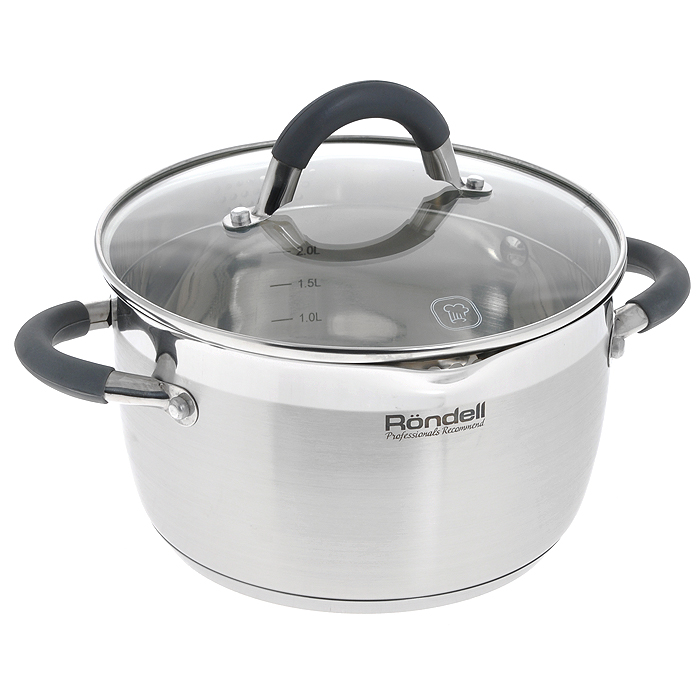 Кастрюля Rondell Flamme с крышкой, 3,2 лRDS-024 Кастрюля Rondell Flamme с крышкой, 3,2 лRDS-024Кастрюля Rondell Flamme изготовлена из высококачественной нержавеющей стали, что гарантирует безупречный внешний вид посуды, практичность и долговечность. Уникальный 2-х этапный метод технологии тройного дна с вштампованным, а затем вплавленным алюминиевым диском позволяет равномерно распределять и значительно дольше сохранять тепло по стенкам и дну посуды, что предотвращает пригорание пищи и обеспечивает более быстрое приготовление блюд. Посуда продолжает готовить даже после выключения плиты! Аккумуляция тепла при закрытой крышке создает замкнутый цикл парообразования, позволяя готовить в такой посуде без использования масла и воды или же с их минимальным количеством, что позволяет сохранить натуральный вкус продуктов. Крышка, выполненная из термостойкого стекла, позволяет контролировать процесс приготовления без потери тепла. Оригинальный дизайн крышки позволяет вам сливать жидкость без дополнительных усилий, просто повернув крышку перфорированной стороной к изгибу стенки кастрюли.С отметками литража на внутренних стенках посуды вы легко сможете соблюдать пропорции рецептуры без применения дополнительных предметов.Вам не нужны прихватки: мягкие силиконовые ручки не нагреваются и не скользят, приятны на ощупь. Плавный переход от дна кастрюли к ее стенкам - для вашего удобства при помешивании и мытье. Не требует специального ухода и проста в использовании.Комбинация зеркальной и матовой полировки придает кастрюле особо эстетичный внешний вид. Эргономичный дизайн и функциональность кастрюли Rondell Flamme позволят вам наслаждаться процессом приготовления любимых, полезных для здоровья блюд.Изделие подходит для использования на всех видах плит, включая индукционные. Можно мыть в посудомоечной машине. Характеристики:Материал: нержавеющая сталь 18/10, стекло, силикон. Объем кастрюли: 3,2 л. Внутренний диаметр кастрюли: 20 см. Высота стенок кастрюли: 12 см. Толщина стенок кастрюли: 0,6 мм. Толщина дна кастрюли: 5 мм. Диаметр основания кастрюли: 16,3 см. Ширина кастрюли с учетом ручек: 28,5 см.УВАЖАЕМЫЕ КЛИЕНТЫ!Обращаем ваше внимание на тот факт, что объем кастрюли указан максимальный, с учетомполного наполнения до кромки. Шкала на внутренней стенке кастрюли имеет меньшийлитраж. Посуда Rondell совсем недавно появилась на российском рынке, но уже прекрасно себязарекомендовала. Эту посуду по достоинству оценили тысячи любителей кулинарии, арекомендации профессионалов - шеф-поваров многих ресторанов и ведущих популярныхкулинарных программ служат дополнительным весомым аргументом в ее пользу.Профессиональные технологии, изысканный дизайн и широкий ассортимент делаютпосуду Rondell исключительно привлекательной для всех, кто любит и умеет готовить.