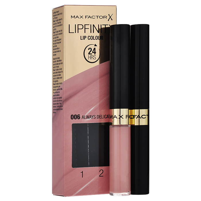 Max Factor Стойкая губная помада и увлажняющий блеск Lipfinity, тон №006 (Always Delicate)81435493 Max Factor Стойкая губная помада и увлажняющий блеск Lipfinity, тон №006 (Always Delicate)81435493Суперустойчивая помада LIPFINITY – это сенсационный двухступенчатый макияж для губ, который разделяет функции стойкого цвета и увлажнения. Lipfinity включает в себя два продукта – элегантный тюбик с цветом и спонжем для удобного нанесения и суперувлажняющий блеск для губ. В течение дня Ваши губы сохраняют цвет, при необходимости достаточно лишь нанести увлажняющий блеск! Lipfinity- это стойкость и великолепные оттенки на любой вкус!Двухступенчатое нанесение: блеск для роскошного цвета для губ и бальзам для сияние увлажнения. Наноси бальзам регулярно в течение дня, чтобы сохранить свежесть цвета губ.1. На сухие чистые губы нанести жидкий красящий пигмент специальной кисточкой. 2. Подождать 1 минуту, нанести увлажняющий блеск, который защитит нежную кожу губ от сухости и шелушения и придаст губам глянец. 3. Стойкая губная помада Lipfinity смывается любым средством для снятия макияжа, содержащим жировые компоненты.
