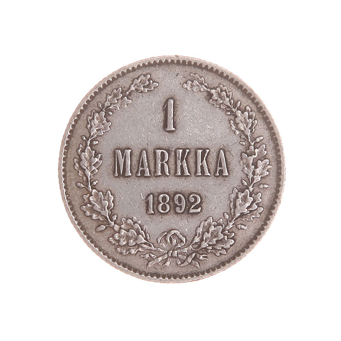 Монета номиналом 1 марка. Белый металл. Финляндия в составе Российской Империи. 1892 год