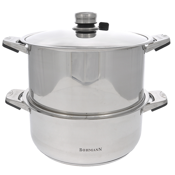 Кастрюля-мантоварка Bohmann, с крышкой, 9,5 л. 3110BH3110BH Кастрюля-мантоварка Bohmann, с крышкой, 9,5 л. 3110BH3110BHКастрюля-мантоварка Bohmann изготовлена из высококачественной нержавеющей стали с зеркальной полировкой. Этот материал обладает высокой стойкостью к коррозии и кислотам. Прочность, долговечность и надежность этого материала, а также первоклассная обработка обеспечивают практически неограниченный запас прочности и неизменно привлекательный внешний вид. Кастрюля-мантоварка включает основную кастрюлю, съемную секцию, 4 съемных пластины-решетки, крышку и два держателя для решеток. Такая кастрюля специально предназначена для приготовления мантов и другой пищи на пару. При приготовлении продуктов на пару в них сохраняется более 50% полезных свойств и питательных веществ. Четырехъярусная конструкция позволяет приготовить большое количество мантов одновременно, либо использовать как обычную кастрюлю для приготовления других жидких блюд - супов, варки овощей и т.д. Мантоварку можно использовать для приготовления одновременно нескольких видов продуктов, используя многоярусную систему приготовления на пару. Мясо, рыба и овощи сохраняют на пару больше витаминов и полезных свойств. В них сохраняются все необходимые для организма микроэлементы; продукты отличаются насыщенным природным вкусом. Посуда оснащена удобными ручками с пластиковыми вставками, которые не нагреваются в процессе приготовления пищи. Внутренние стенки основной кастрюли имеют мерную шкалу. Перфорированная крышка позволяет легко и быстро слить воду, а термодатчик на крышке подскажет температурный режим внутри кастрюли.Можно использовать на газовых, электрических, галогенных, стеклокерамических, индукционных плитах. Можно мыть в посудомоечной машине. Характеристики: Материал: нержавеющая сталь, бакелит. Объем основной кастрюли: 9,5 л. Диаметр основной кастрюли (по верхнему краю): 30 см. Высота стенки основной кастрюли: 13,5 см. Диаметр съемной секции: 30 см. Высота стенки съемной секции: 18 см. Диаметр пластины-решетки: 29,5 см. Толщина стенки: 1 мм - 3 мм. Толщина дна: 4 мм. Диаметр дна основной кастрюли: 27 см.
