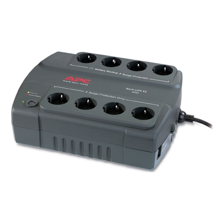 APC BE400-RS Back-UPS ES 400VA 230V RussianBE400-RS APC BE400-RS Back-UPS ES 400VA 230V RussianBE400-RSAPC BE400-RS обеспечивает защиту линии передачи данных. В комплект поставки входит диск с ПО, при помощи которого можно адаптировать ИБП индивидуально под вашу сеть. 4 розетки можно использовать как сетевой фильтр и 4 розетки обеспечивают батарейную поддержку.Номинальное выходное напряжениеЭффективная мощность 240 ВаттХолодный стартВремя работы от батарей при нагрузке 100 Вт: 23 минВремя работы от батарей при нагрузке 200 Вт: 8 минМаксимальная энергия входного импульсного воздействия 310 ДжВремя зарядки 16 часовУровень шума 45 дБА на расстоянии 1 метра от поверхности устройства